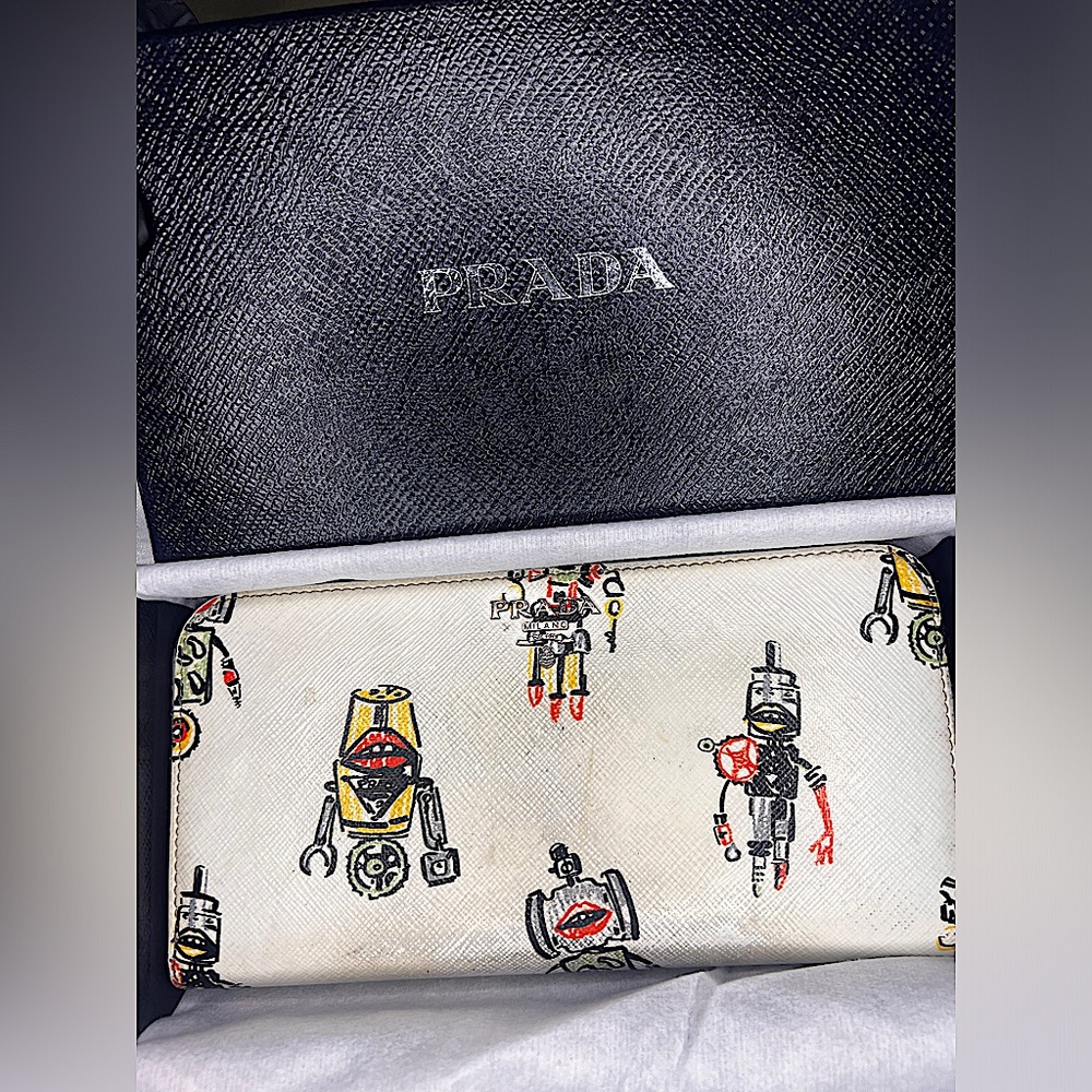 Prada Robots Continental Zip Purse in White Saffiano Leather